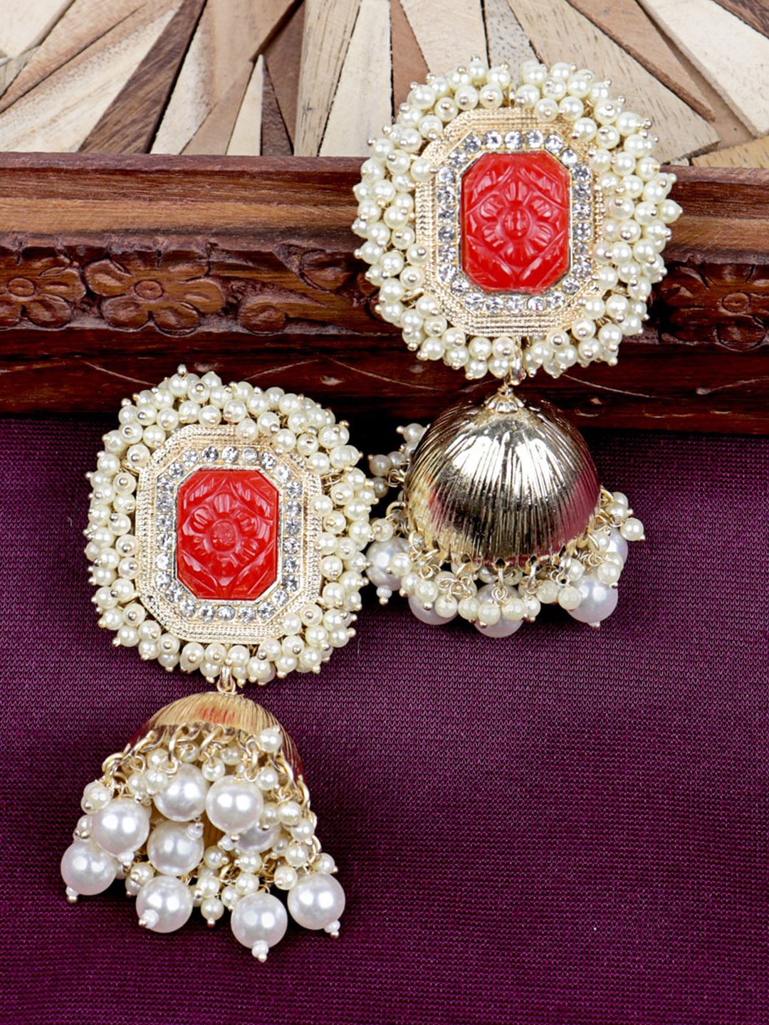 

Krelin Gold-Plated Classic Jhumkas Earrings, Red