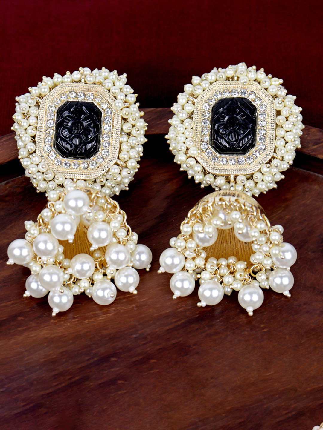 

Krelin Gold-Plated Dome Shaped Pearls Jhumkas Earrings, Black
