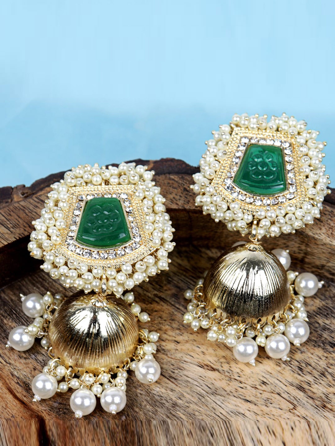 

Krelin Gold-Plated Stone Studded & Beaded Classic Jhumkas Earrings, Green