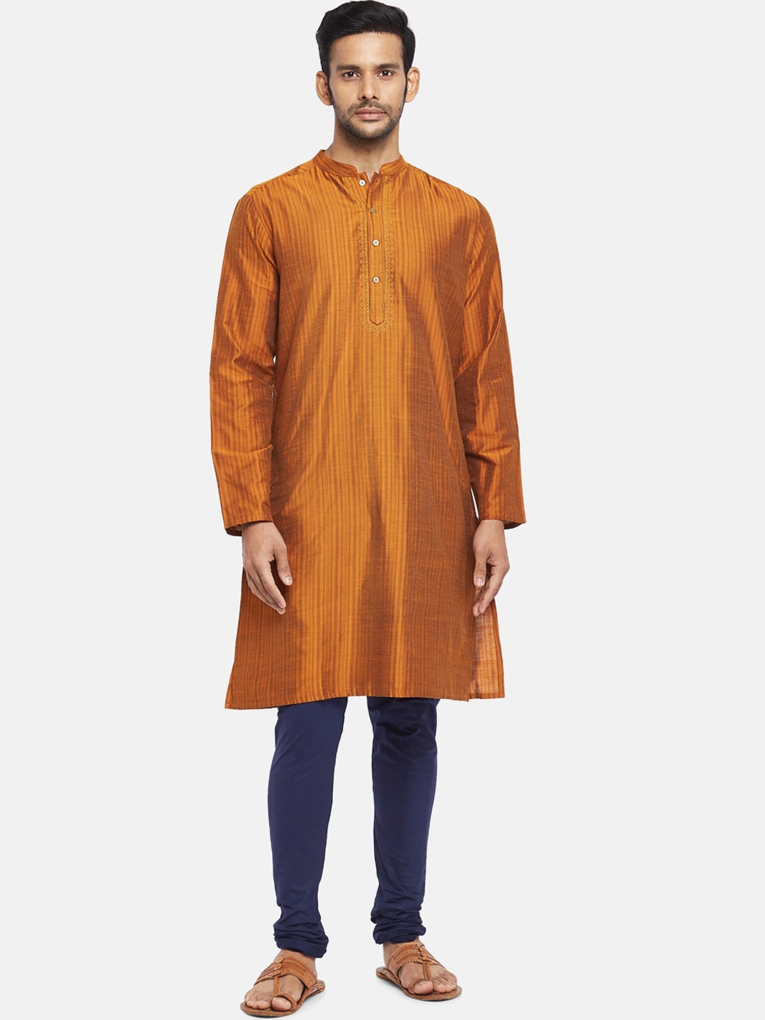 

indus route by Pantaloons Striped Thread Work Kurta, Rust