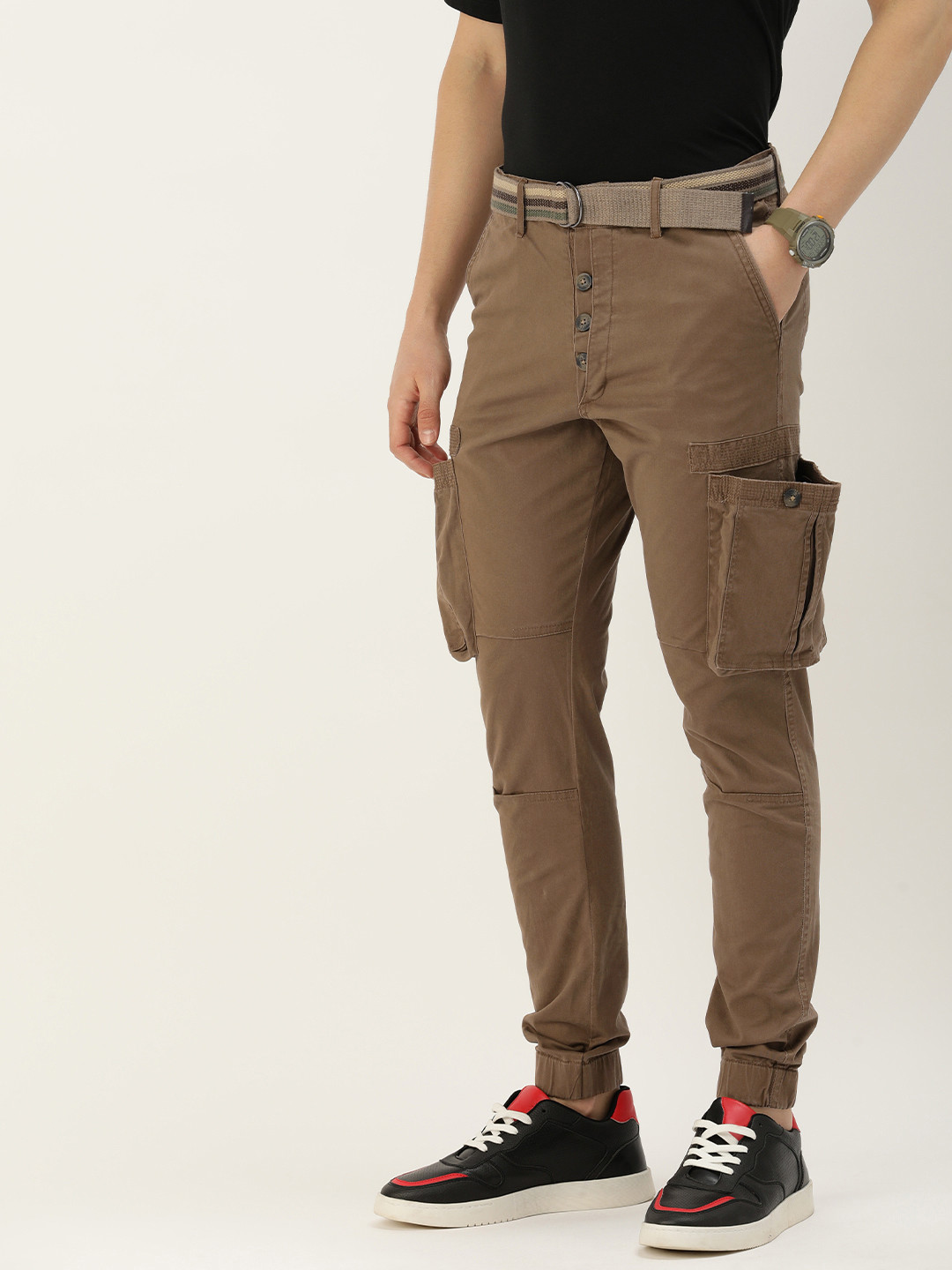 

Sports52 wear Men Solid Comfort Fit Cargos Trousers Comes With A Belt, Brown