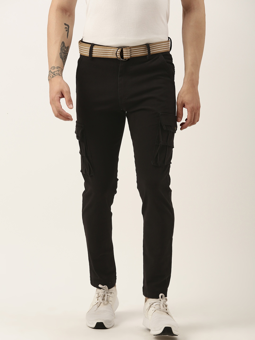 

Sports52 wear Men Pure Cotton Solid Mid-Rise Comfort Cargos, Black