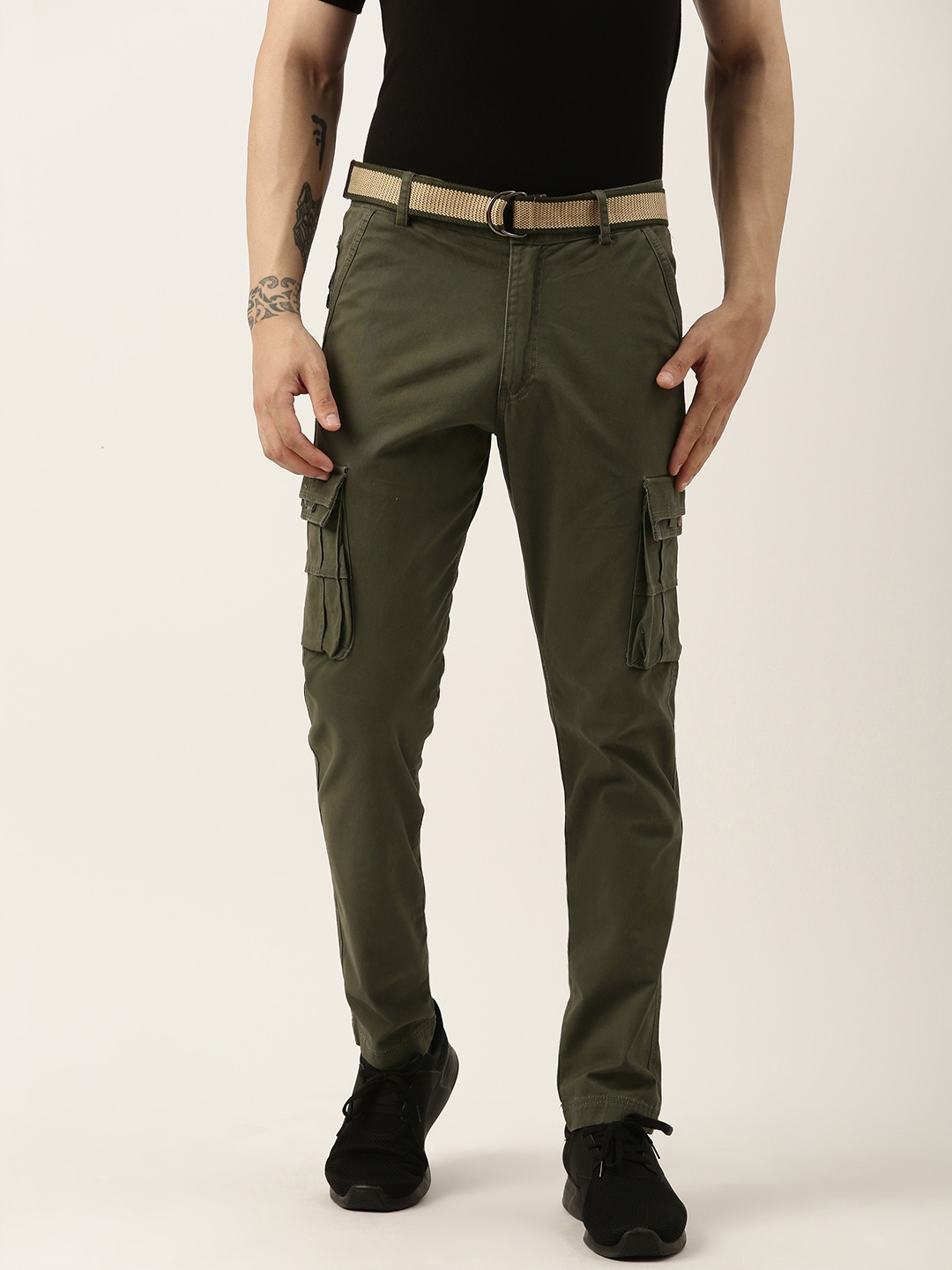 

Sports52 wear Men Pure Cotton Solid Mid-Rise Comfort Cargos, Olive