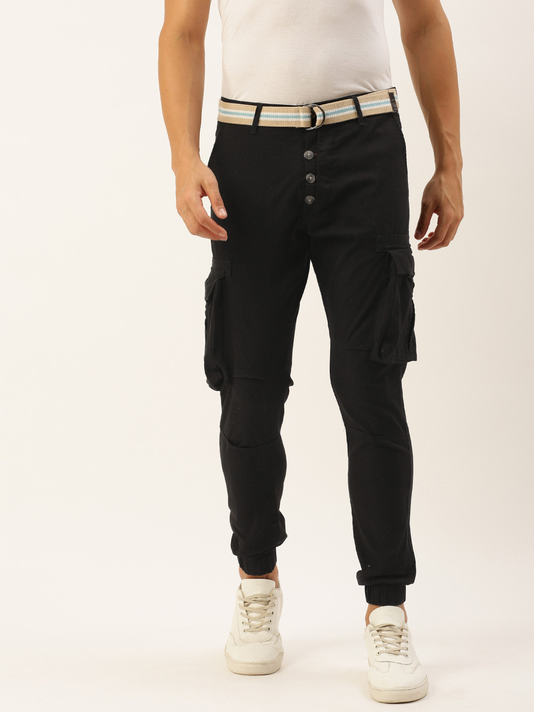 

Sports52 wear Men Solid Tailored Fit Pure Cotton Cargo Trousers, Black