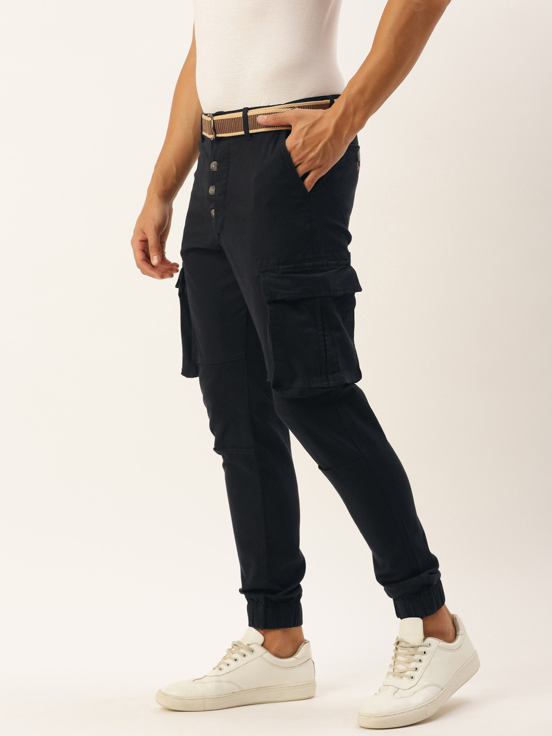 

Sports52 wear Men Solid Tailored Fit Pure Cotton Cargo Trousers, Black