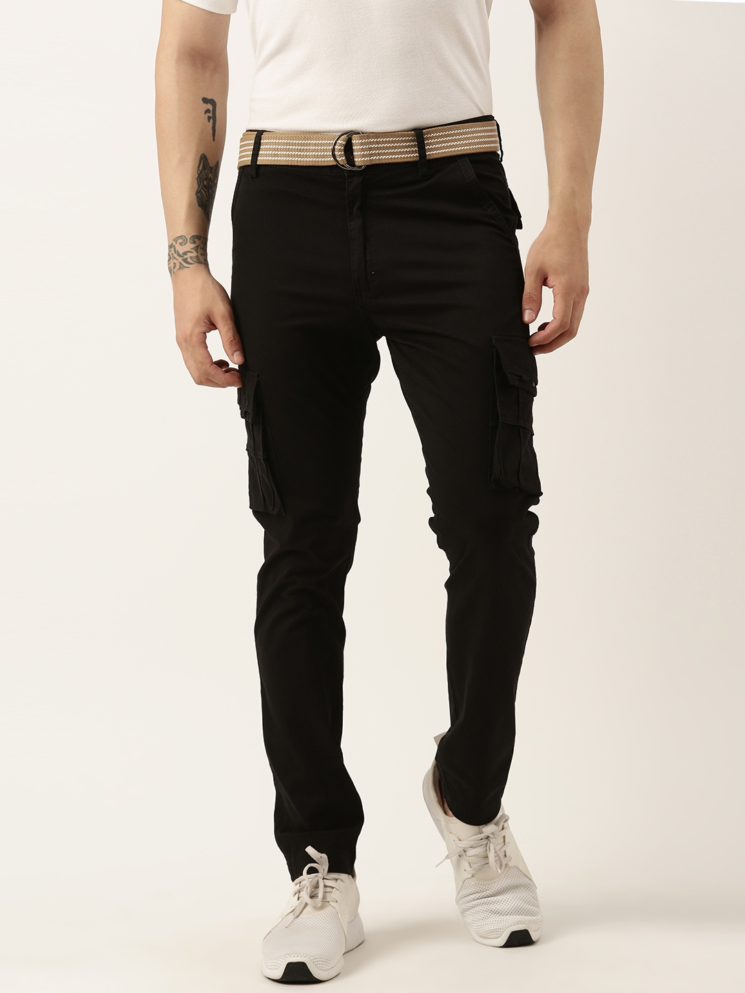 

Sports52 wear Men Pure Cotton Solid Mid-Rise Comfort Cargos, Black