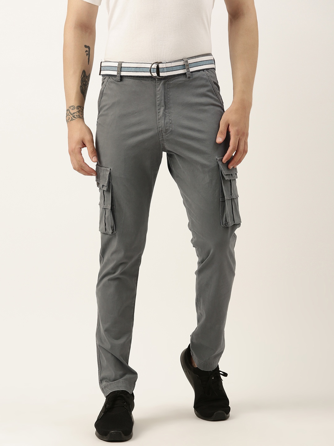

Sports52 wear Men Pure Cotton Solid Mid-Rise Comfort Cargos, Grey