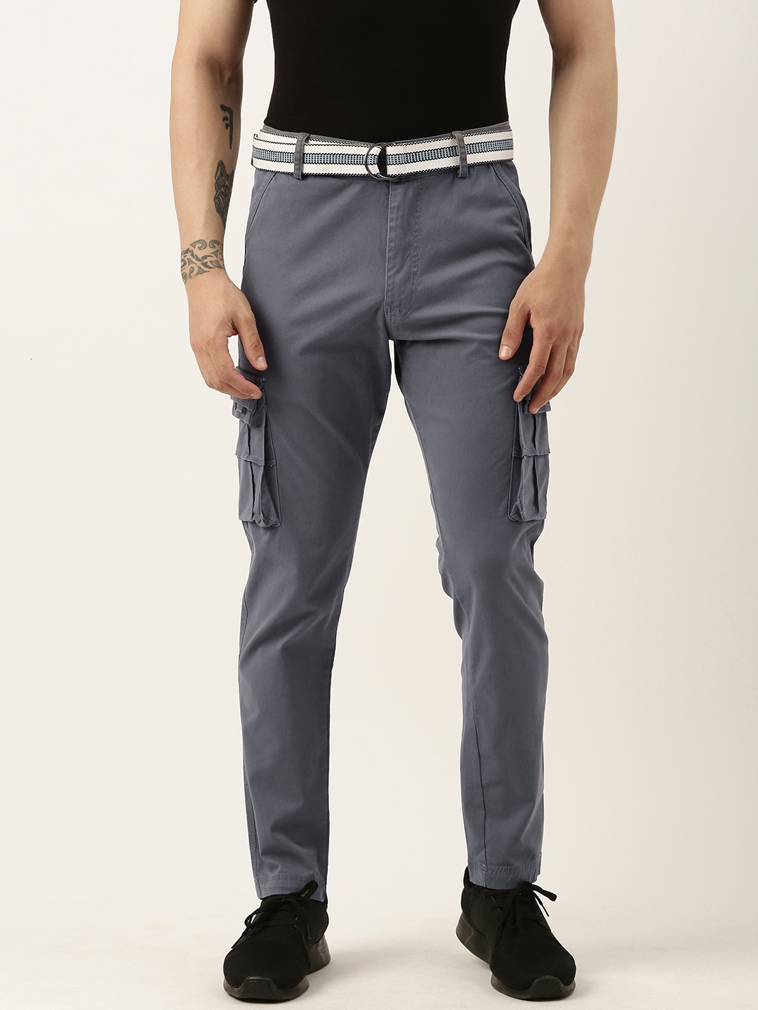 

Sports52 wear Men Mid-Rise Pure Cotton Comfort Tailored Fit Belted Cargo Trouser, Grey