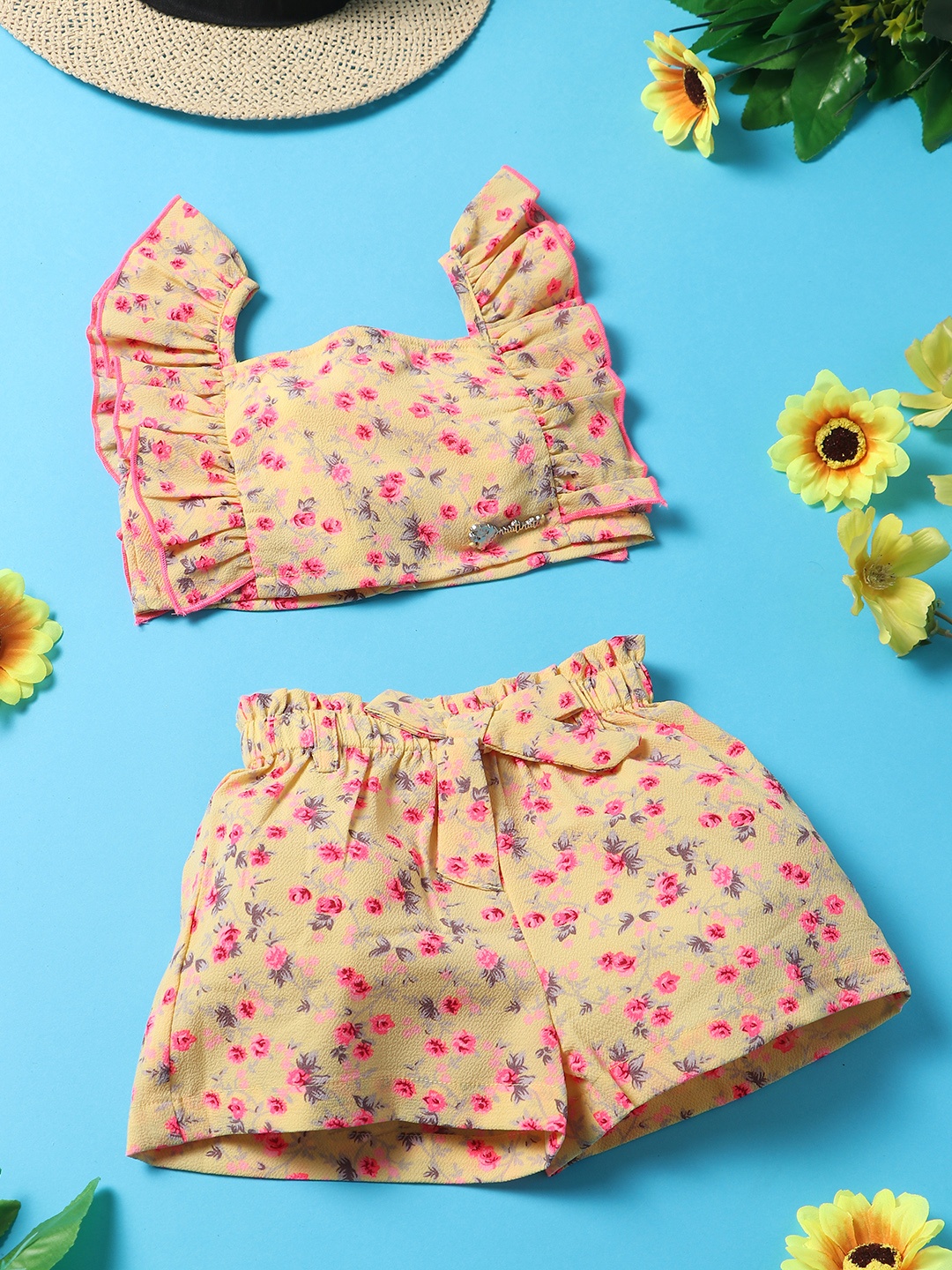 

Nauti Nati Girls Floral Printed Top with Shorts, Mustard