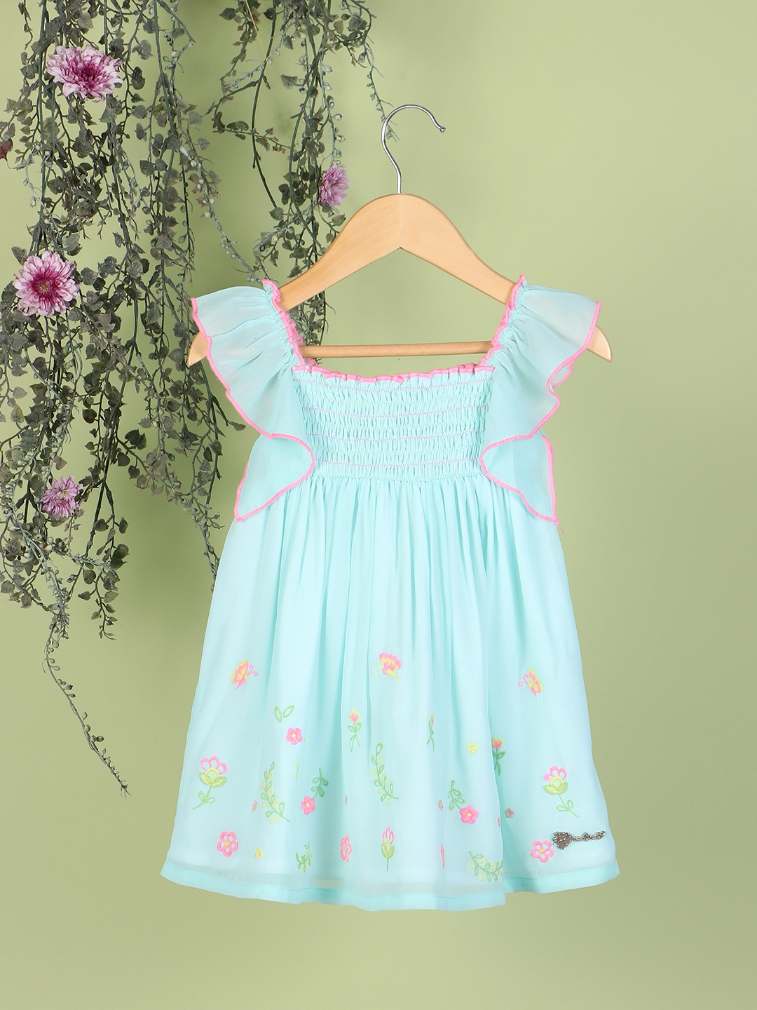 

Nauti Nati Girls Floral Embroidered Georgette A-Line Dress, Turquoise blue