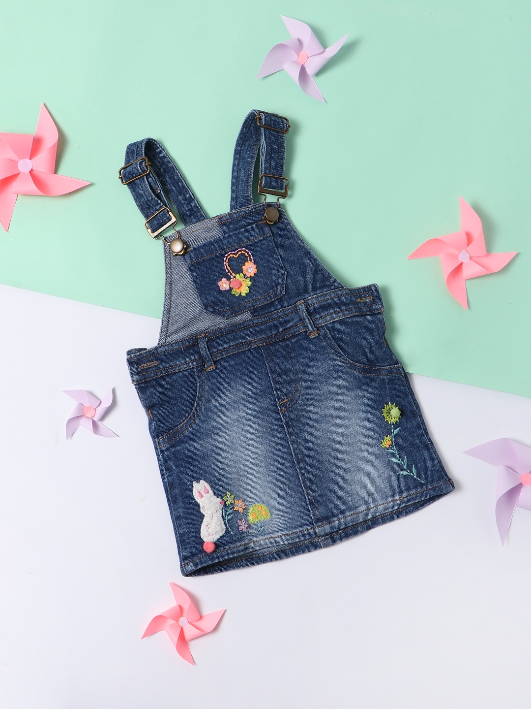 

Nauti Nati Girls Embroidered Pure Cotton Denim Dungaree, Blue