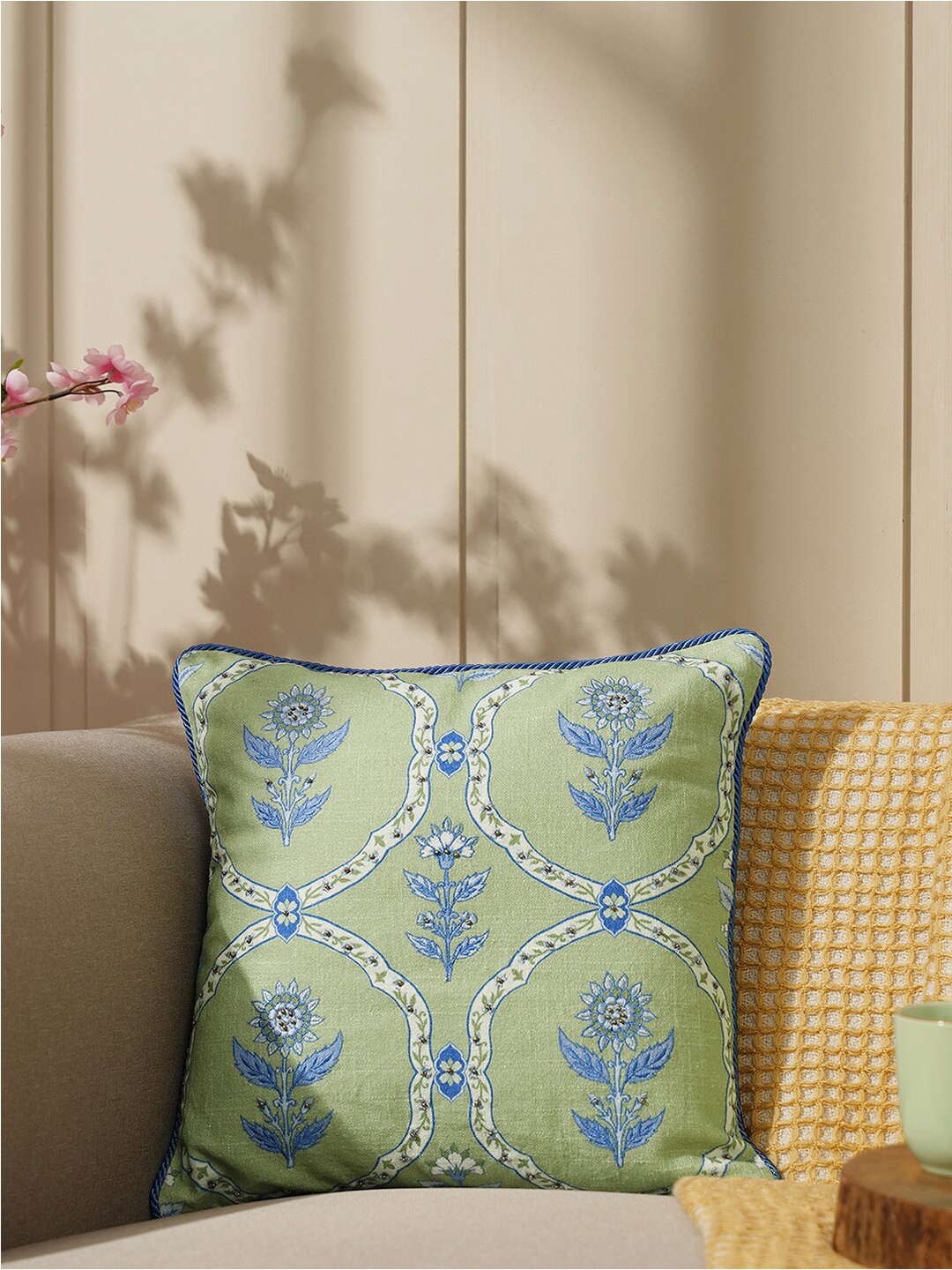 

Pure Home and Living Green & Blue Embroidered Cotton Square Cushion Cover