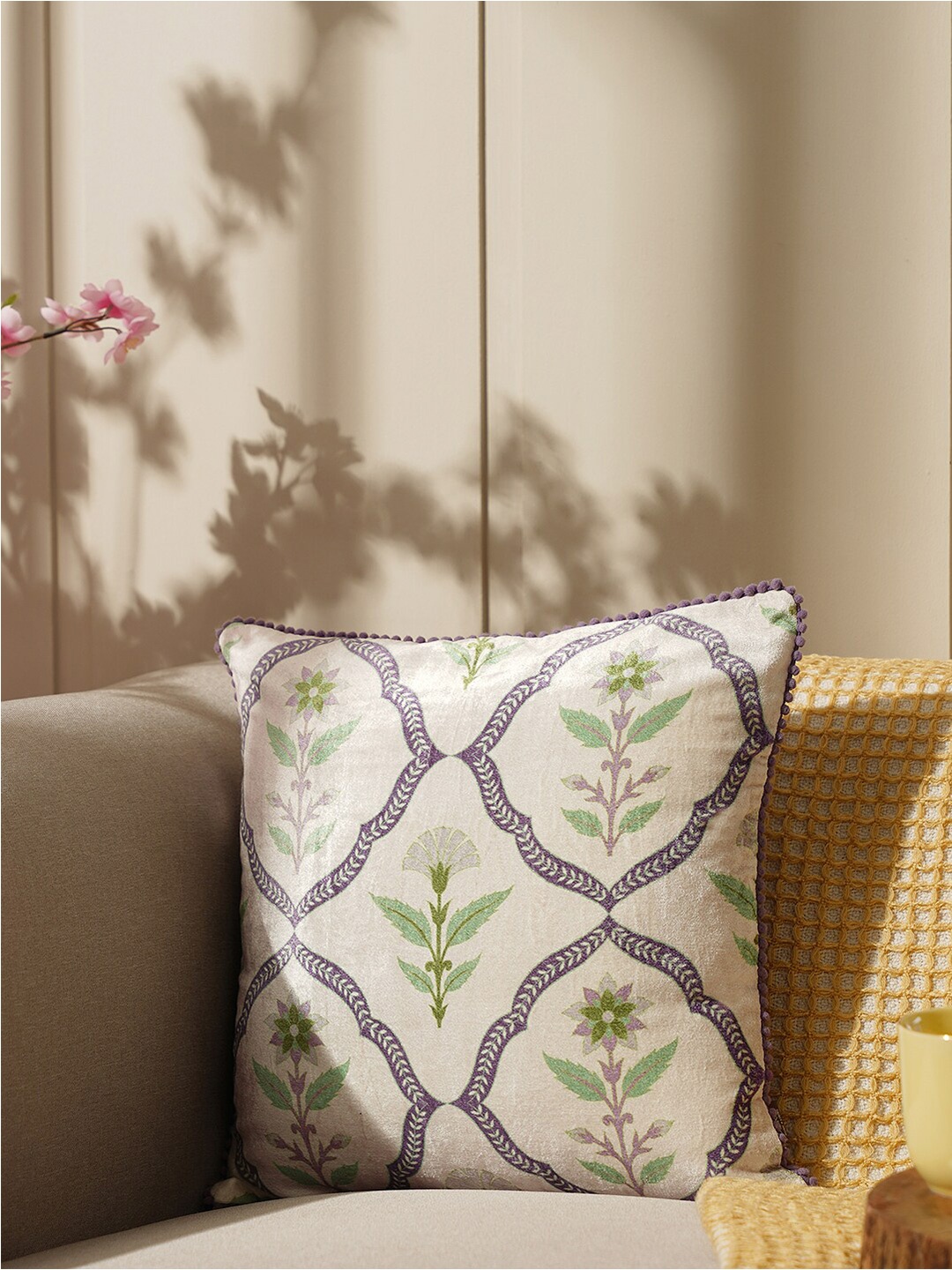 

Pure Home and Living Purple & Green Floral Velvet Square Cushion Cover