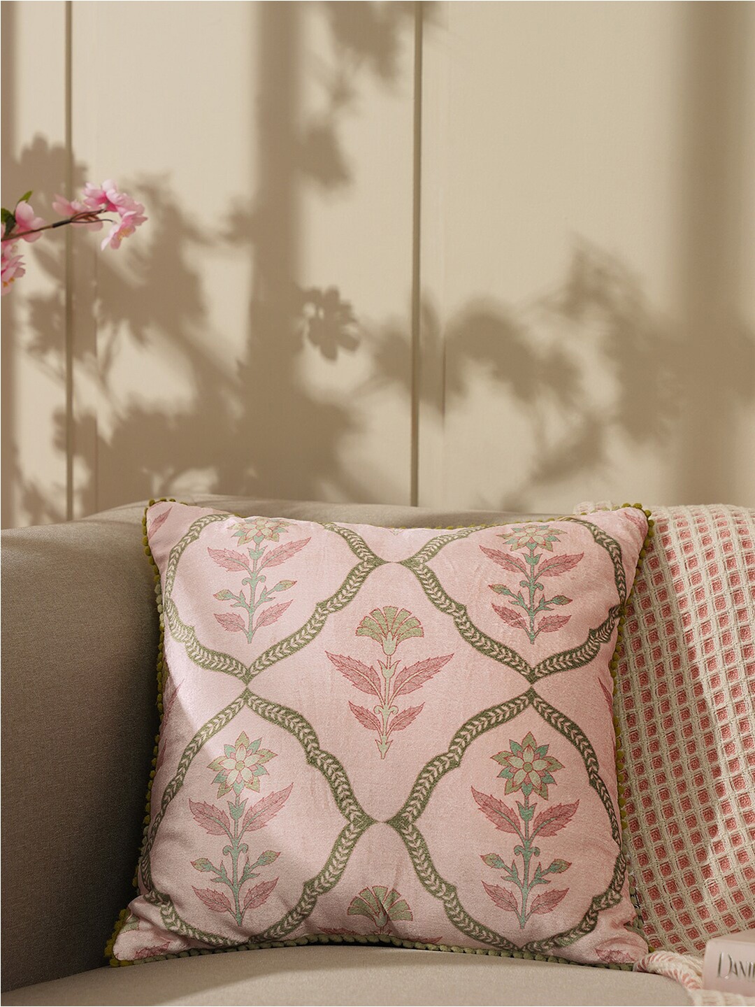 

Pure Home and Living Pink & Green Floral Velvet Square Cushion Cover