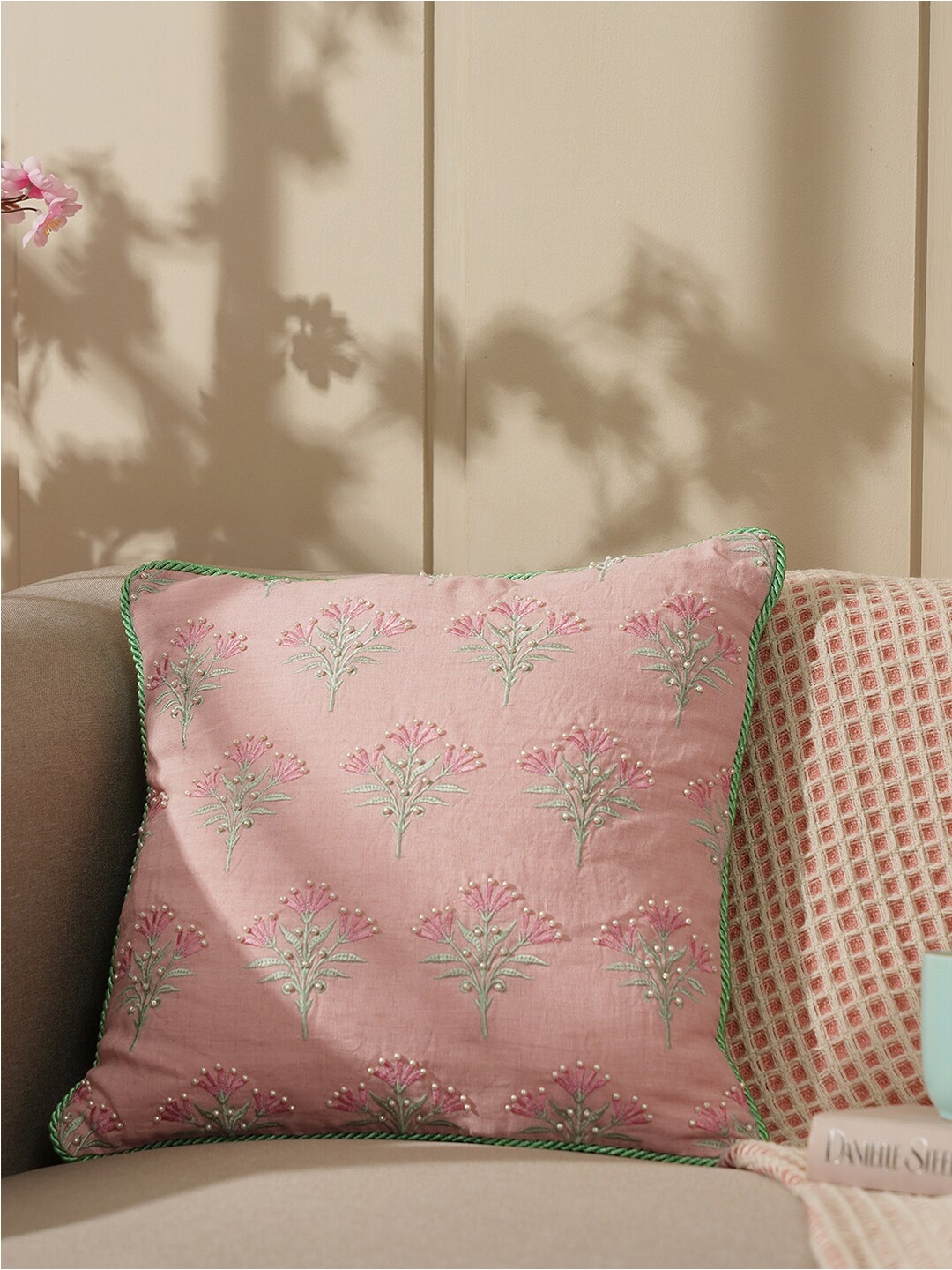 

Pure Home and Living Pink & Green Embroidered Cotton Square Cushion Cover