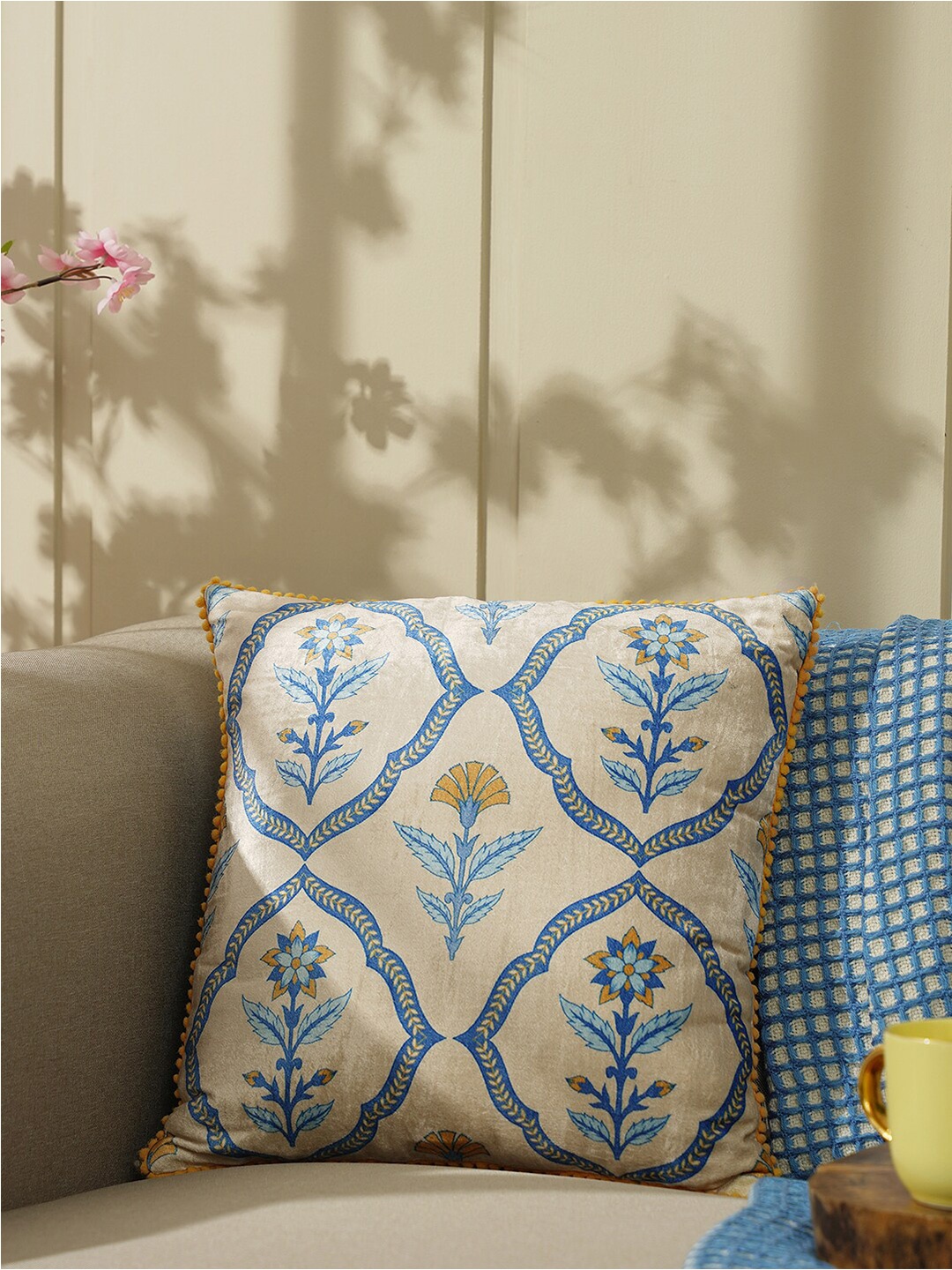 

Pure Home and Living Blue & Beige Floral Velvet Square Cushion Cover