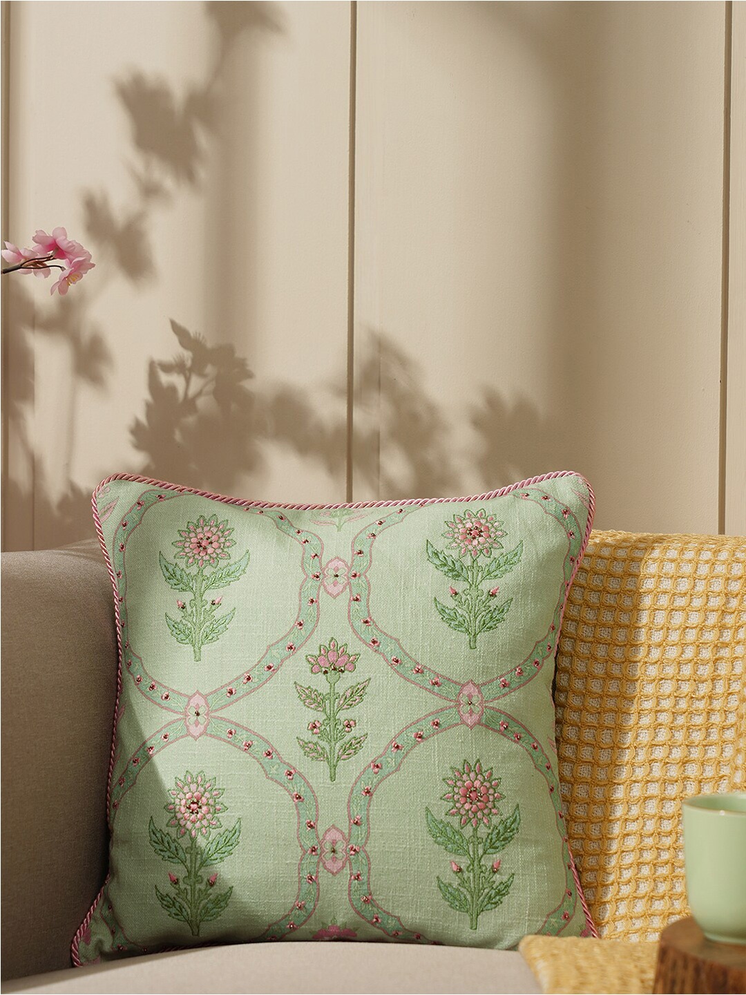 

Pure Home and Living Green & Pink Floral Cotton Square Cushion Cover