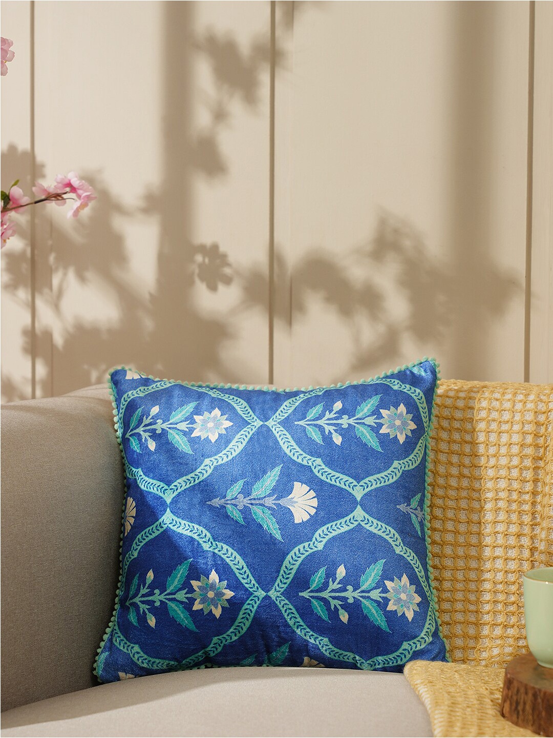 

Pure Home and Living Blue & White Floral Velvet Square Cushion Cover