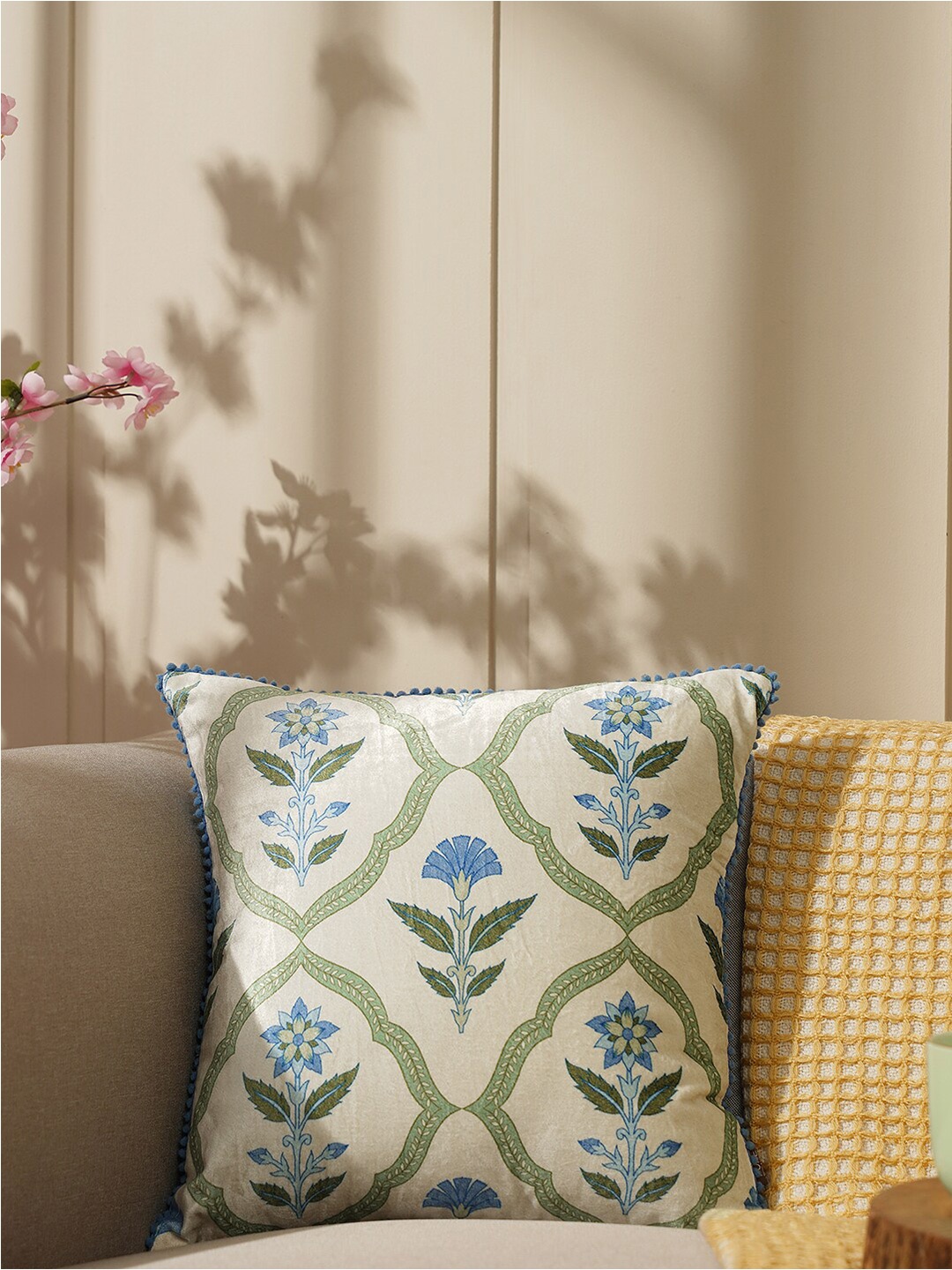 

Pure Home and Living Beige & Green Floral Velvet Square Cushion Cover