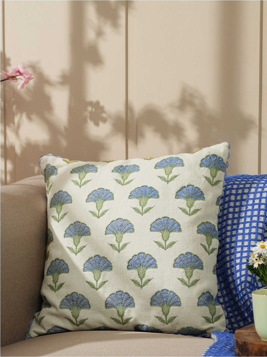 

Pure Home and Living Beige & Blue Floral Cotton Square Cushion Cover