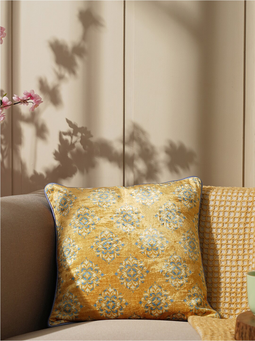 

Pure Home and Living Yellow & Blue Ethnic Motifs Velvet Square Cushion Cover