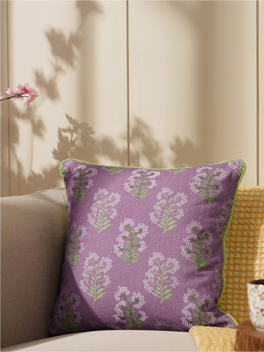 

Pure Home and Living Purple & Green Embroidered Cotton Square Cushion Cover
