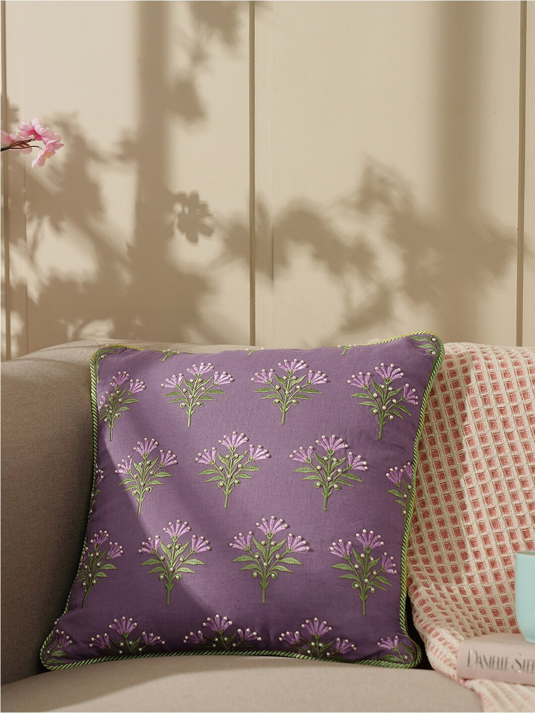 

Pure Home and Living Purple & Green Embroidered Linen Square Cushion Cover