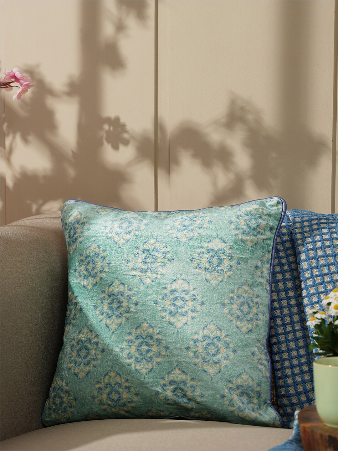 

Pure Home and Living Green & Blue Floral Velvet Square Cushion Cover