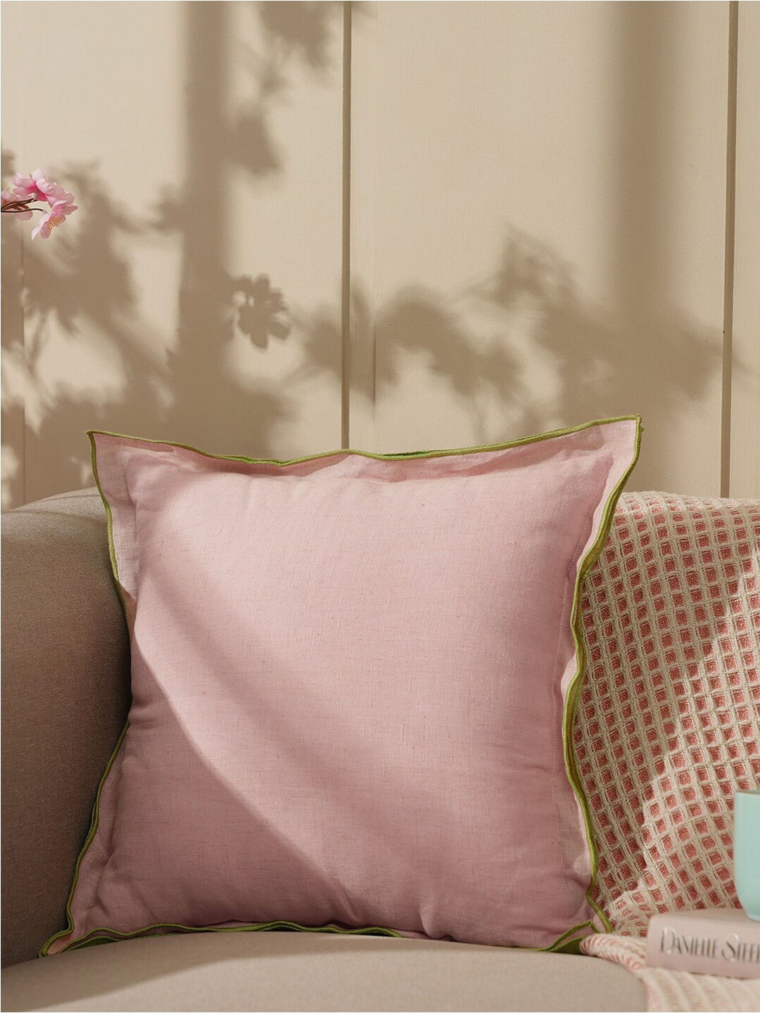 

Pure Home and Living Pink & Green Linen Square Cushion Cover