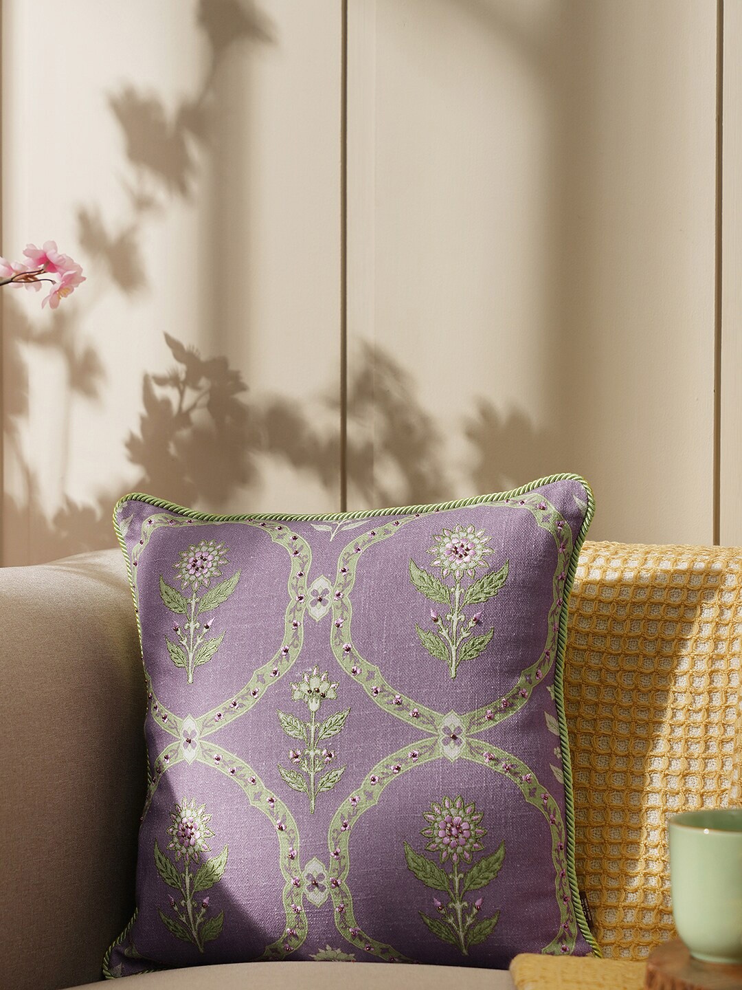 

Pure Home and Living Purple & Green Embroidered Cotton Square Cushion Cover