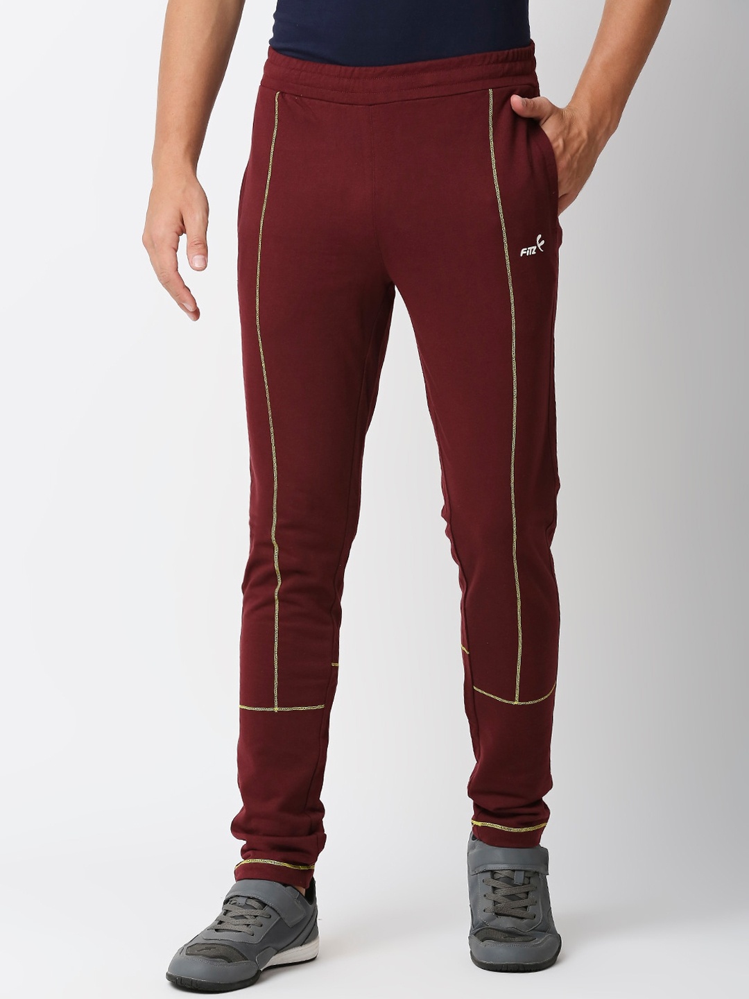 

FiTZ Men Striped Slim-Fit Running Sports Track Pants, Burgundy