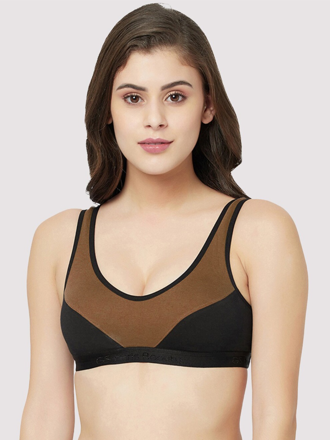 

GROVERSONS Paris Beauty Colourblocked Non-Wired Cotton Workout Sports Bra, Brown