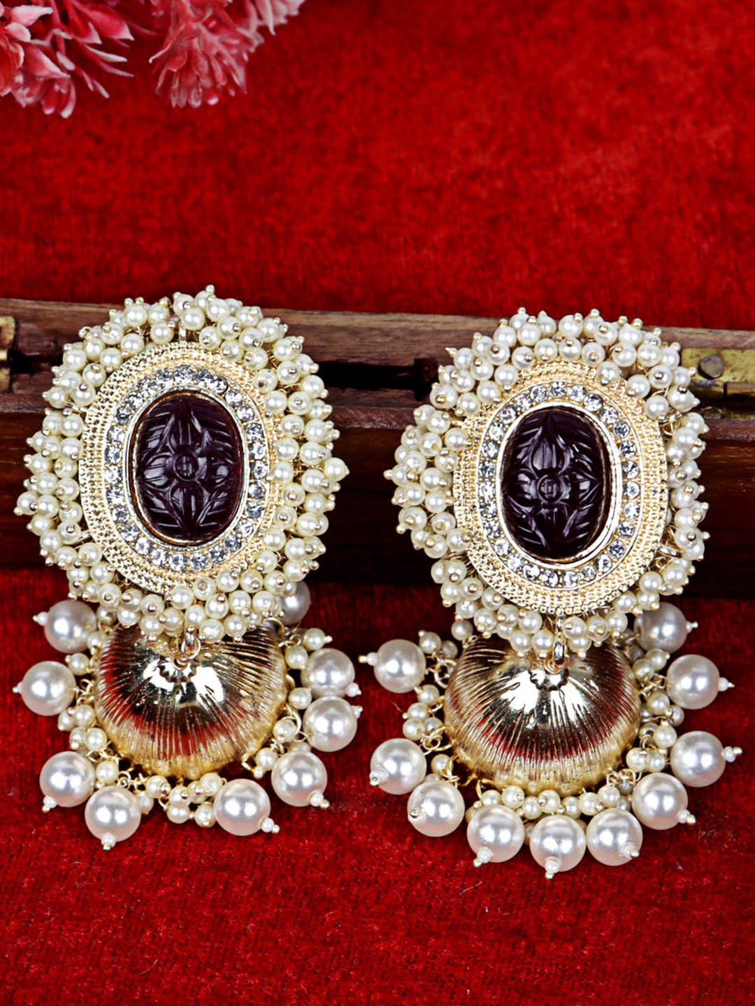 

Krelin Gold-Plated Stone Studded & Beaded Classic Jhumkas Earrings, Burgundy