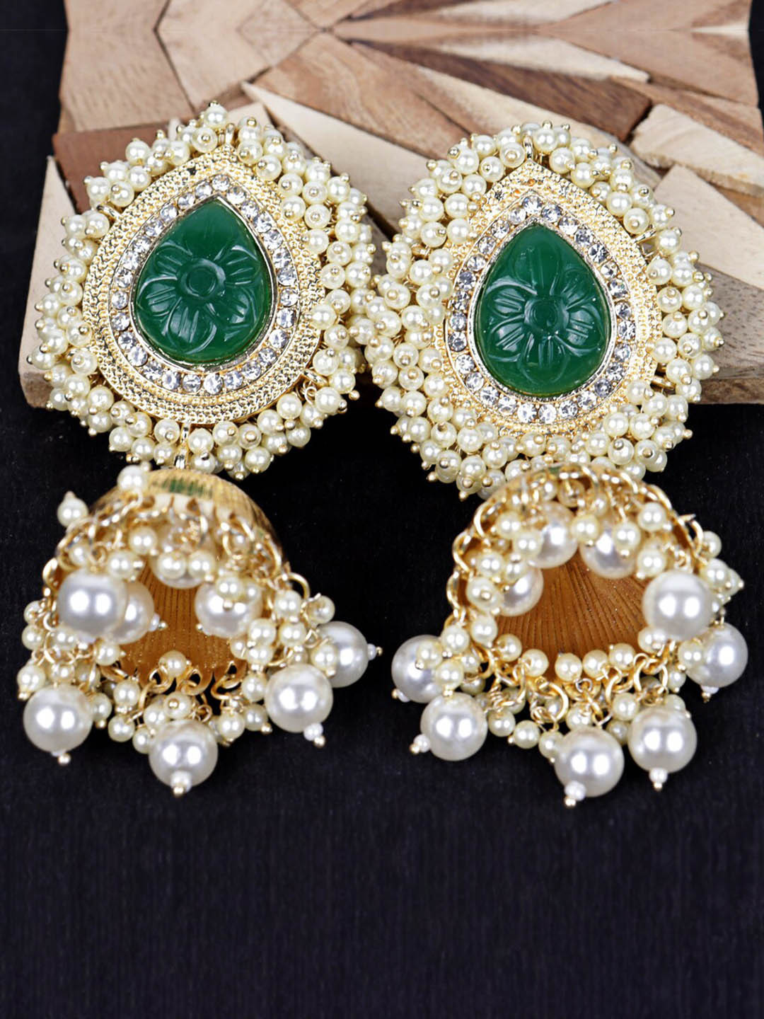 

Krelin Gold-Plated Stone Studded & Beaded Classic Jhumkas Earrings, Green