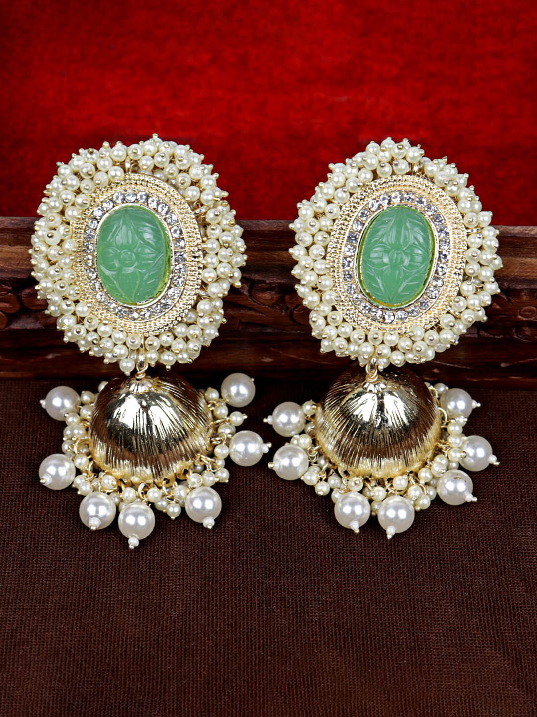 

Krelin Gold-Plated Stone Studded & Beaded Dome Shaped Jhumkas Earrings, Sea green