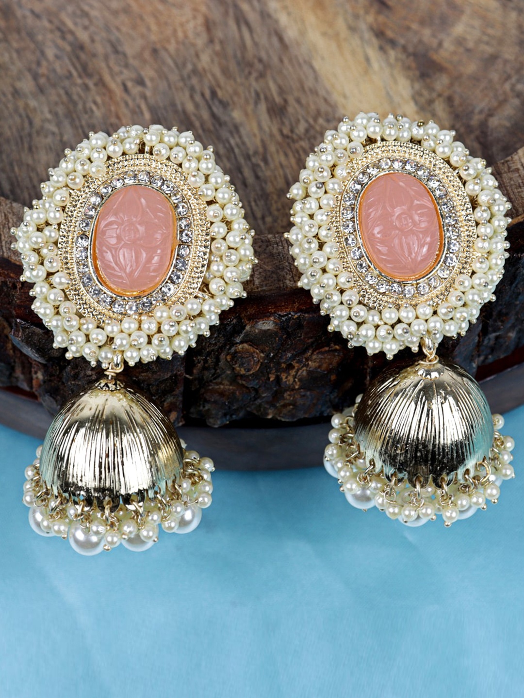 

Krelin Gold-Plated Stone Studed Dome Shaped Jhumkas, Peach