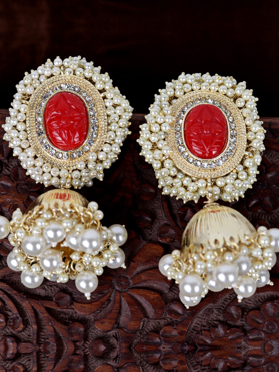 

Krelin Gold-Plated Stone Studed Dome Shaped Jhumkas, Red