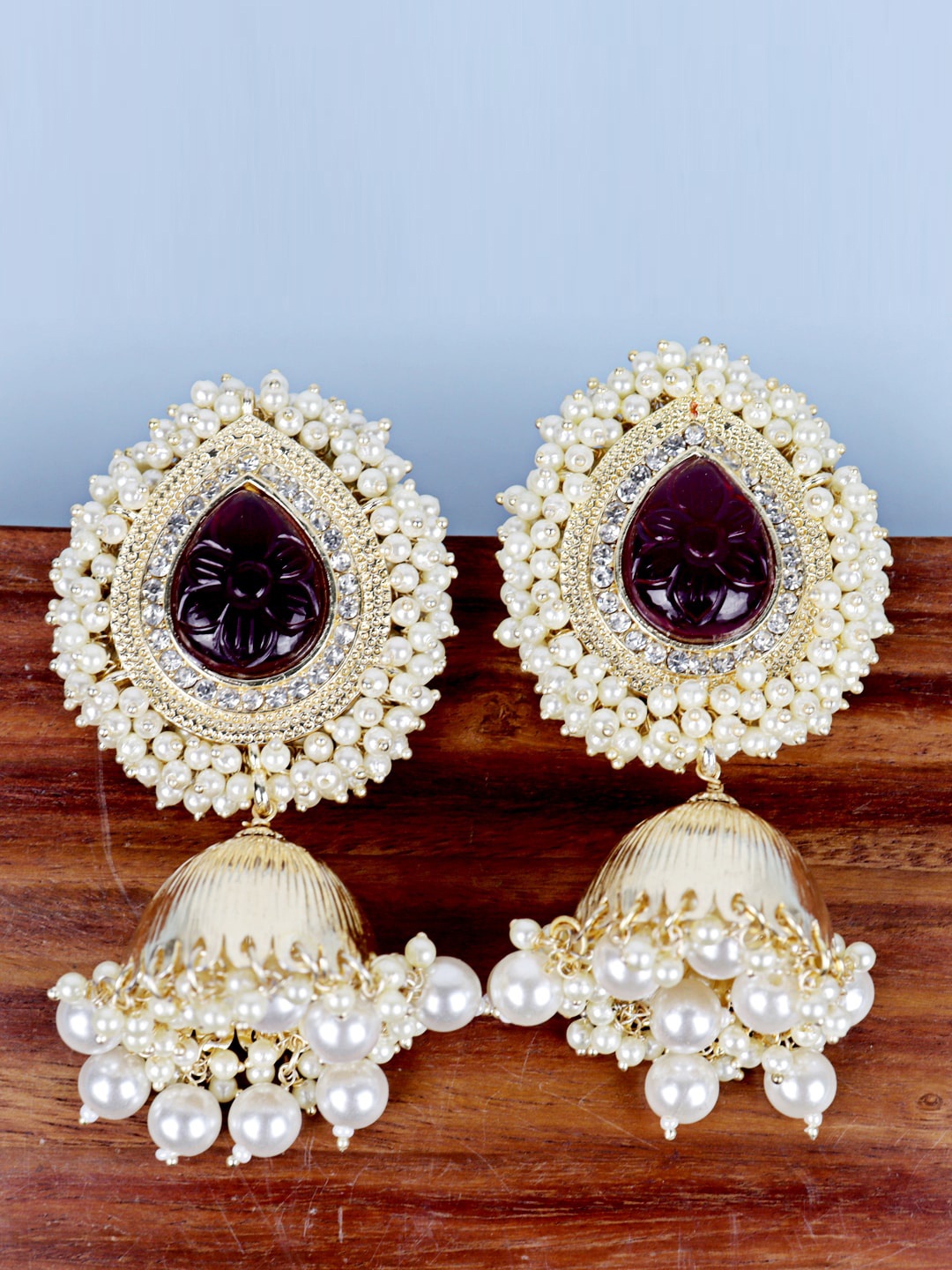 

Krelin Gold-Plated Stone Studded & Beaded Dome Shaped Jhumkas Earrings, Maroon