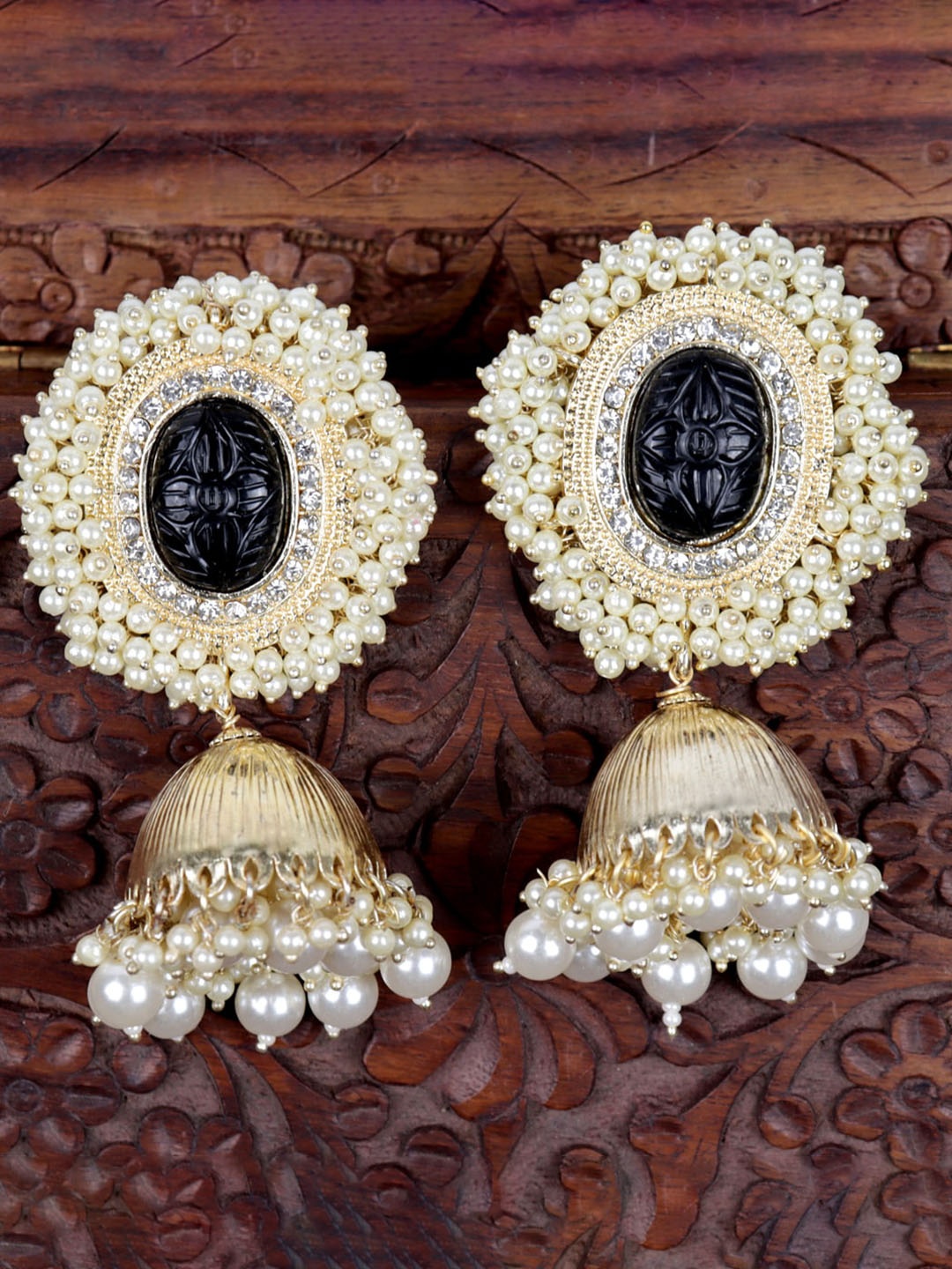 

Krelin Gold-Plated Stone Studded & Beaded Dome Shaped Jhumkas Earrings, Black