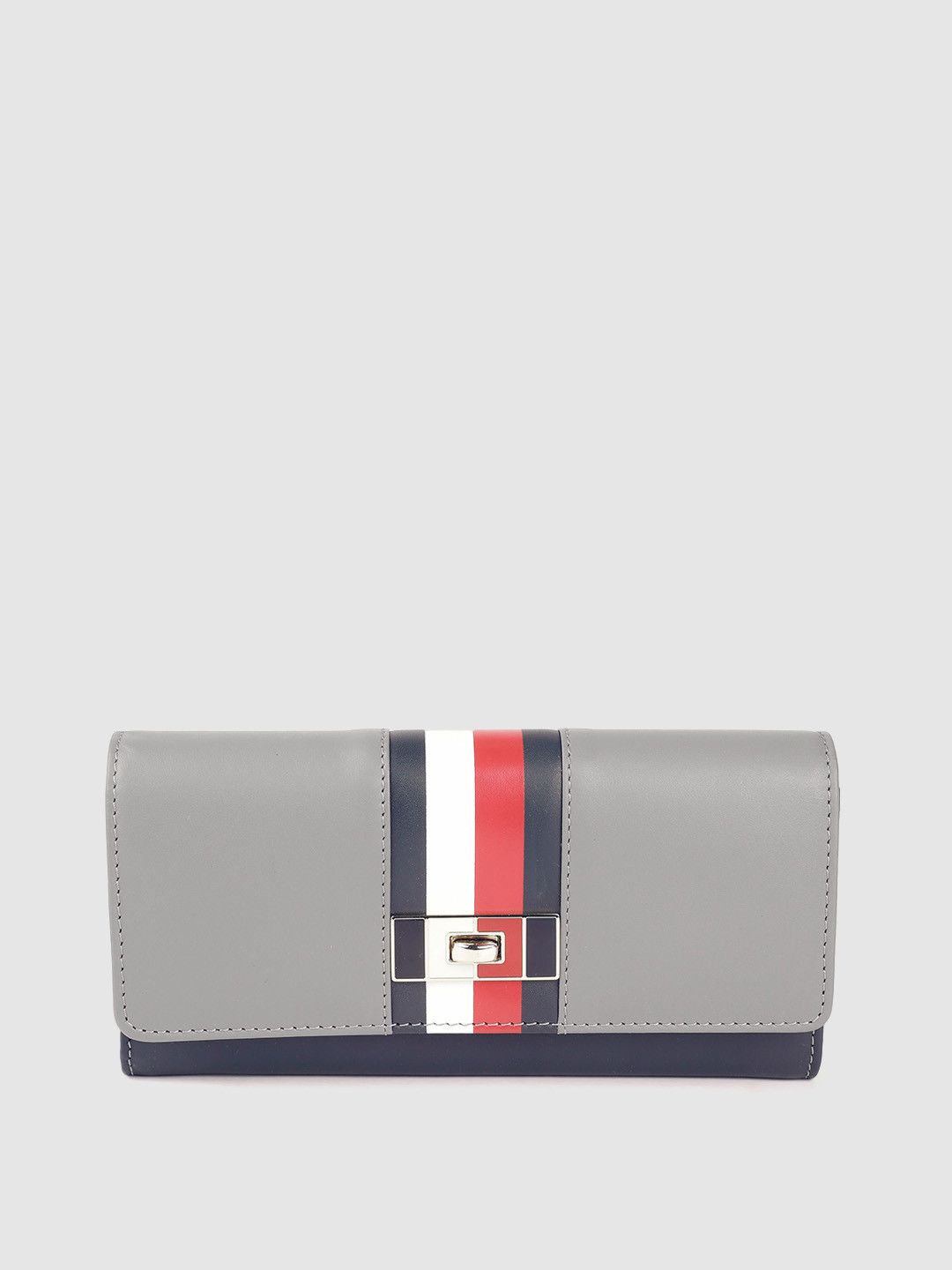 

Tommy Hilfiger Women Grey & Navy Blue Striped Leather Two Fold Wallet