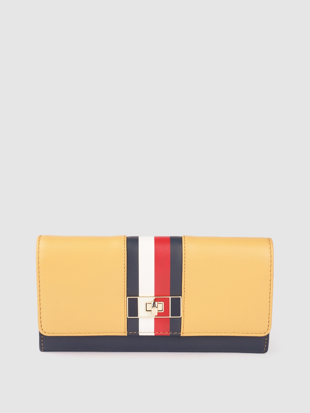 

Tommy Hilfiger Women Yellow & Red Striped Leather Two Fold Wallet