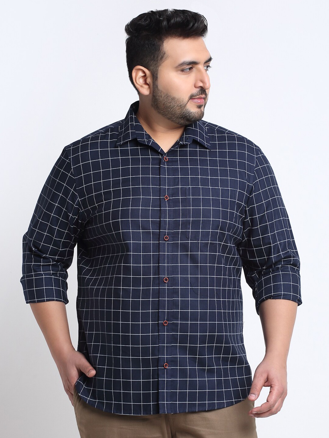 

plusS Plus Size Tattersall Checks Cotton Casual Shirt, Navy blue