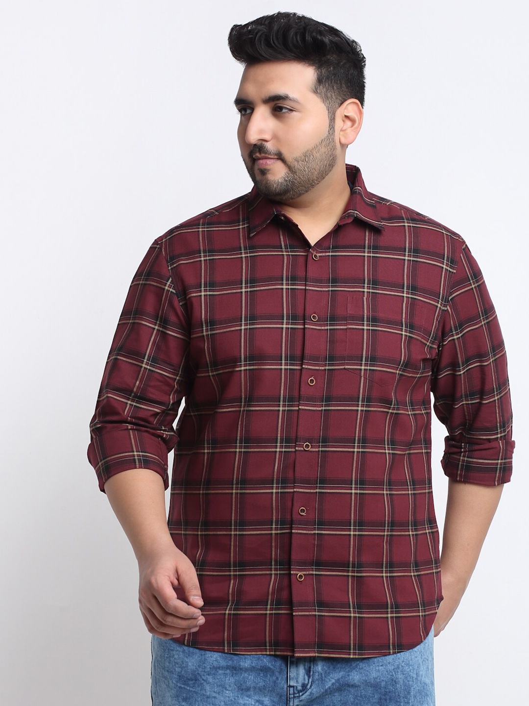 

plusS Plus Size Tartan Checked Casual Shirt, Maroon