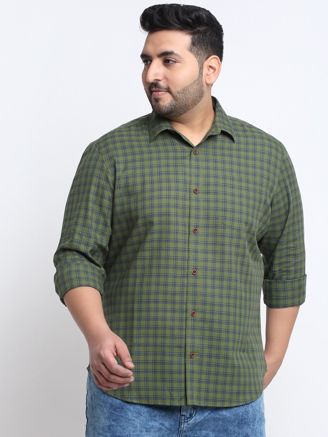 

plusS Plus Size Checked Casual Shirt, Olive