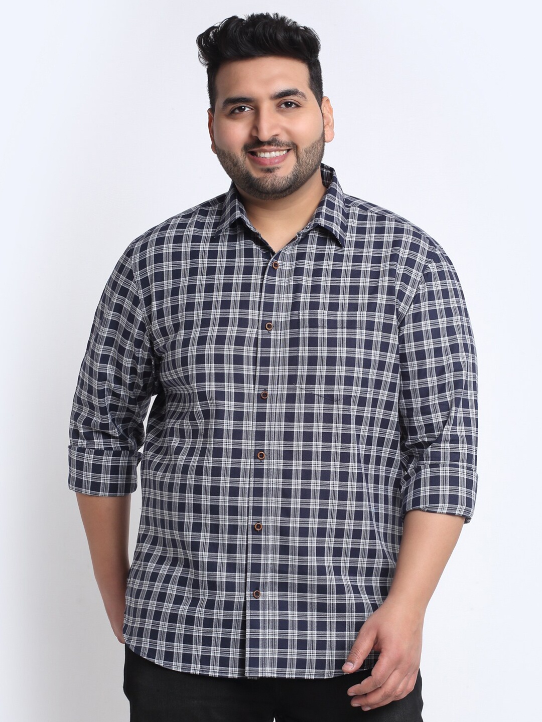 

plusS Men Plus Size Tartan Checks Cotton Casual Shirt, Blue