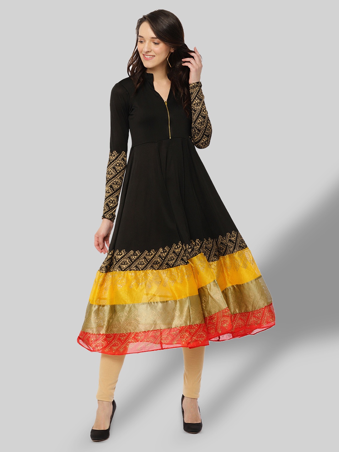 

Ira Soleil Ethnic Motif Printed Mandarin Collar Anarkali Kurta, Black