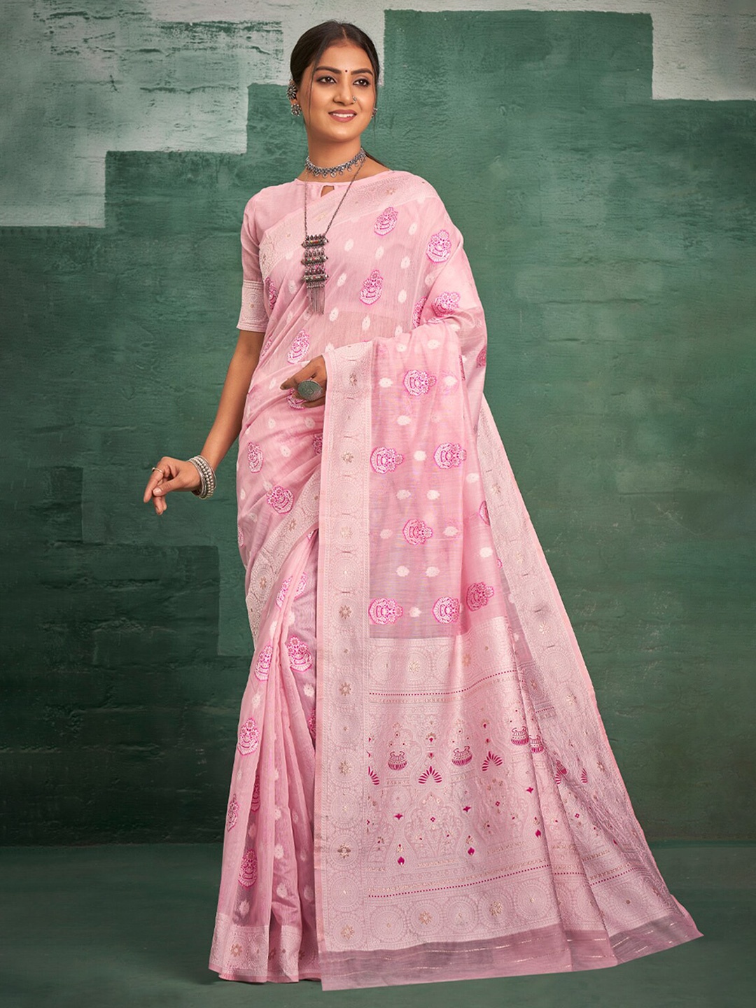 

SANGAM PRINTS Ethnic Motif Woven Design Zari Saree, Pink