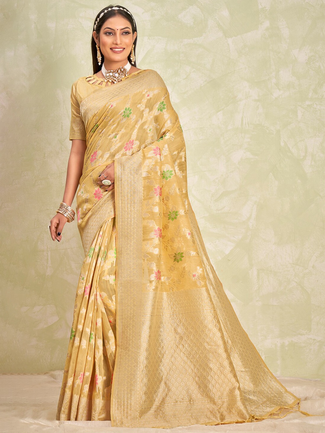 

SANGAM PRINTS Floral Printed Woven Design Zari Saree, Yellow