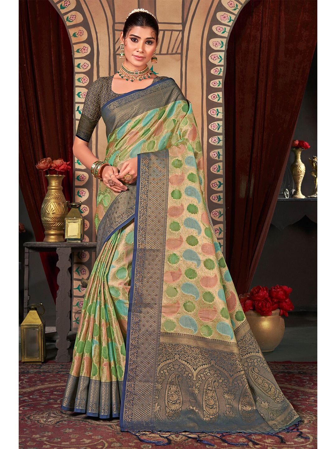 

SANGAM PRINTS Ethnic Motifs Woven Design Zari Organza Saree, Beige