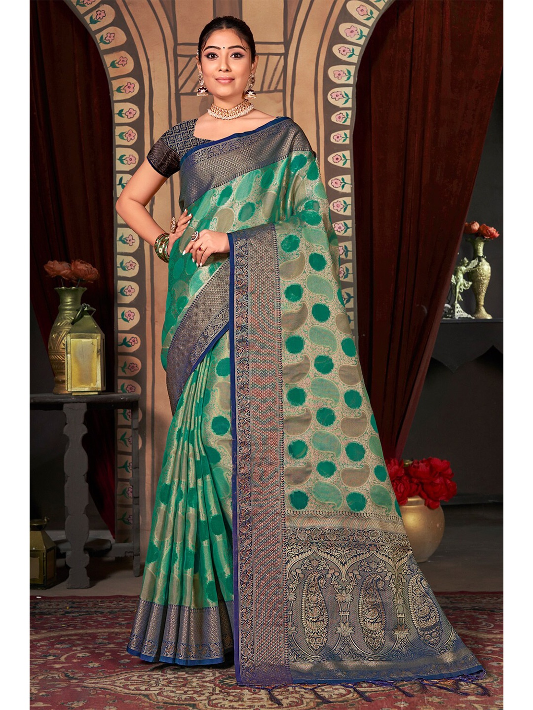 

SANGAM PRINTS Ethnic Motif Woven Design Zari Organza Saree, Teal